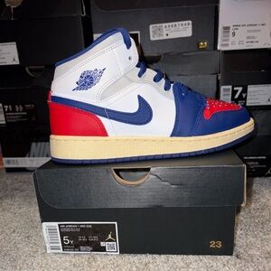 Jordan 1 Mid-Top Sneaker in White, Blue & Red with Cream Midsole